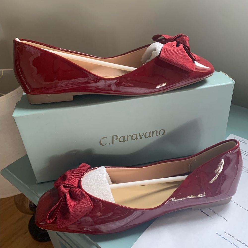 Red Patent Leather Flats with Bow Detail